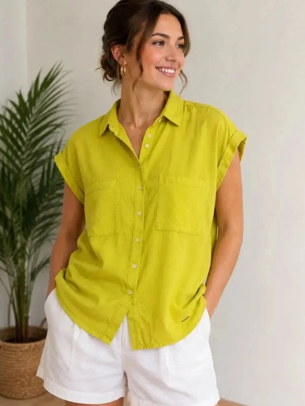 Marc New York Shirt Women's Size Small 100% Linen Button Short Sleeve Chartreuse